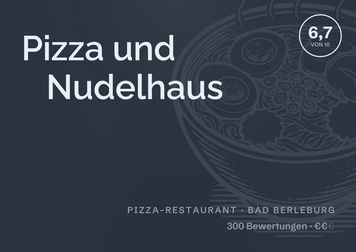 Illustriertes Poster von Pizza und Nudelhaus, Pizza-Restaurant in Bad Berleburg: Bewertung 6,7 von 10 aus 300 Bewertungen, Preisniveau €€