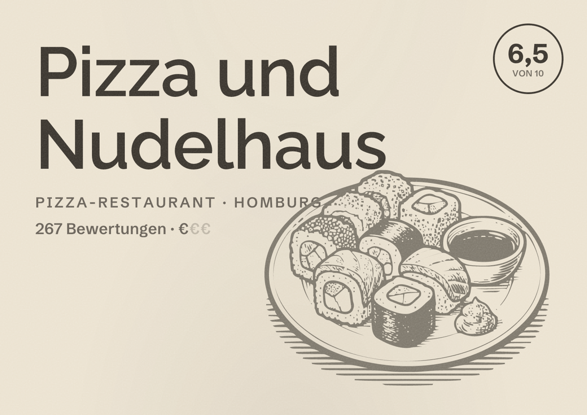 Illustriertes Poster von Pizza und Nudelhaus, Pizza-Restaurant in Homburg: Bewertung 6,5 von 10 aus 267 Bewertungen, Preisniveau €