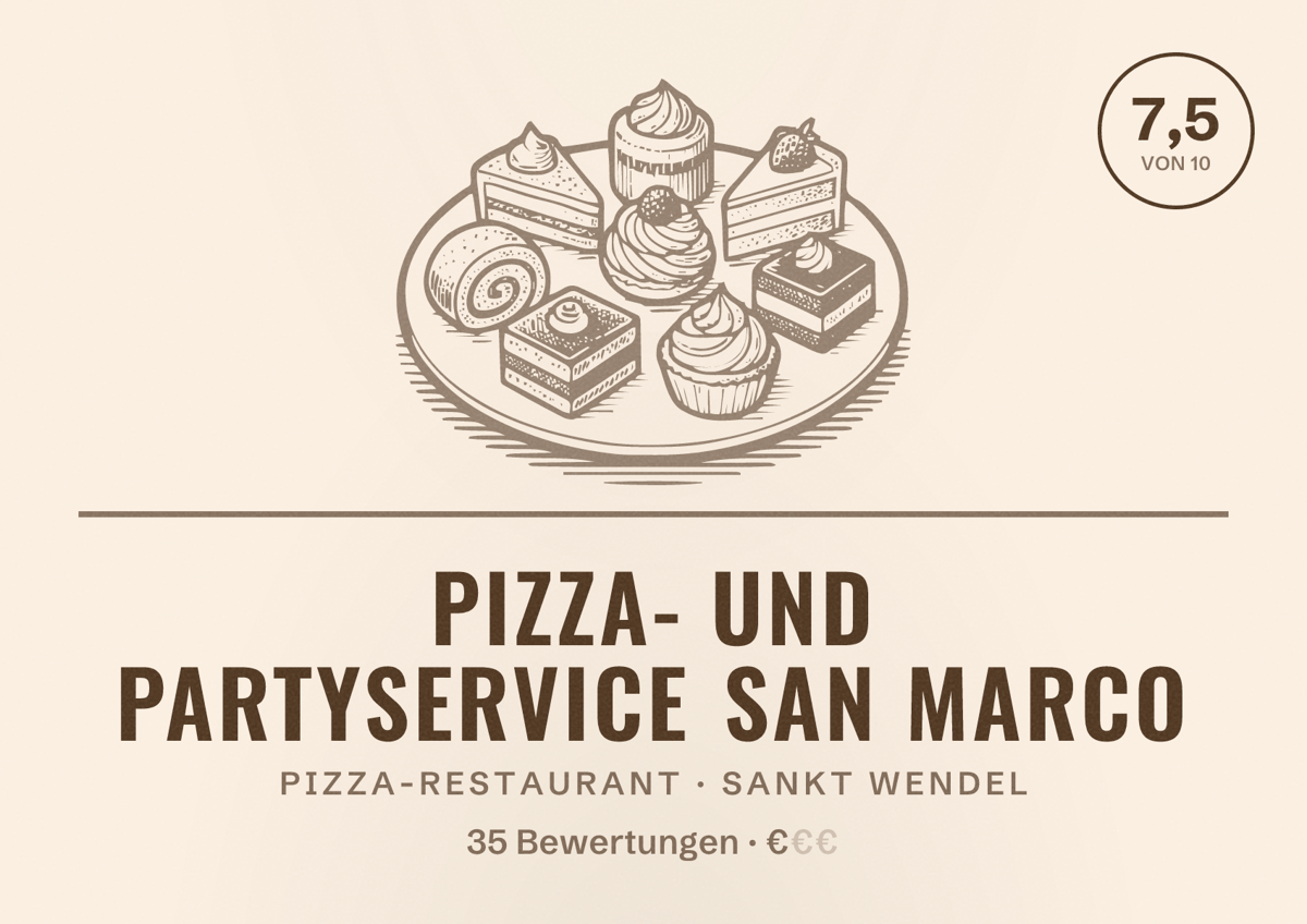 Illustriertes Poster von Pizza- und Partyservice San Marco, Pizza-Restaurant in Sankt Wendel: Bewertung 7,5 von 10 aus 35 Bewertungen, Preisniveau €