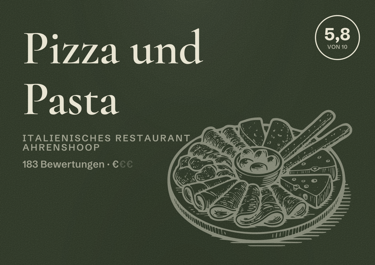 Illustriertes Poster von Pizza und Pasta, Italienisches Restaurant in Ahrenshoop: Bewertung 5,8 von 10 aus 183 Bewertungen, Preisniveau €