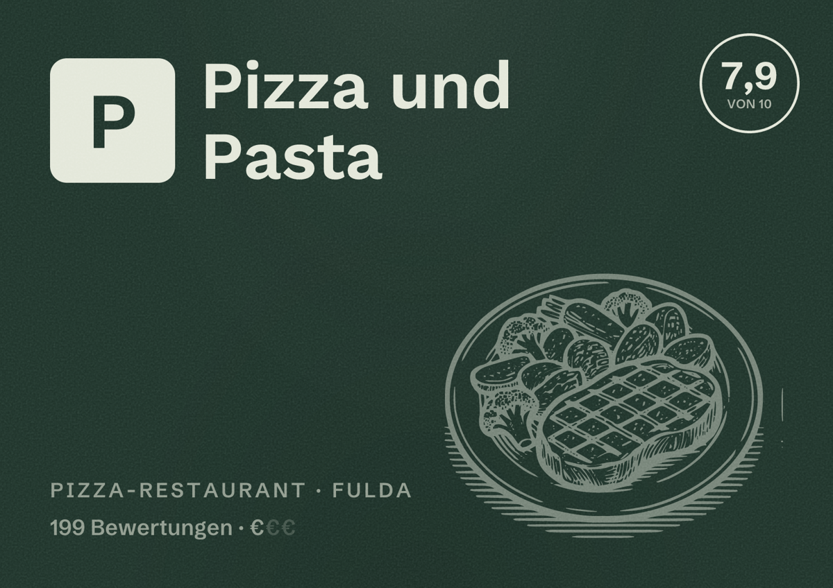 Illustriertes Poster von Pizza und Pasta, Pizza-Restaurant in Fulda: Bewertung 7,9 von 10 aus 199 Bewertungen, Preisniveau €