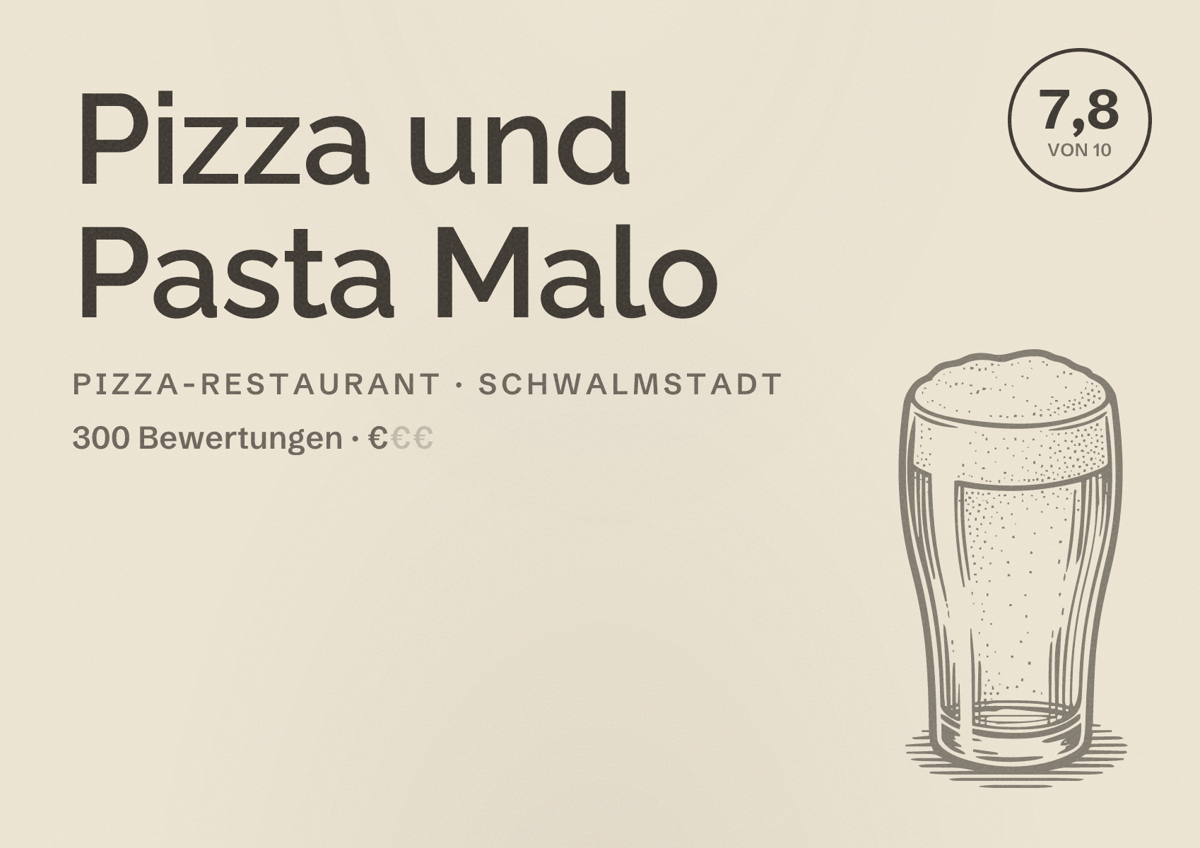 Illustriertes Poster von Pizza und Pasta Malo, Pizza-Restaurant in Schwalmstadt: Bewertung 7,8 von 10 aus 300 Bewertungen, Preisniveau €