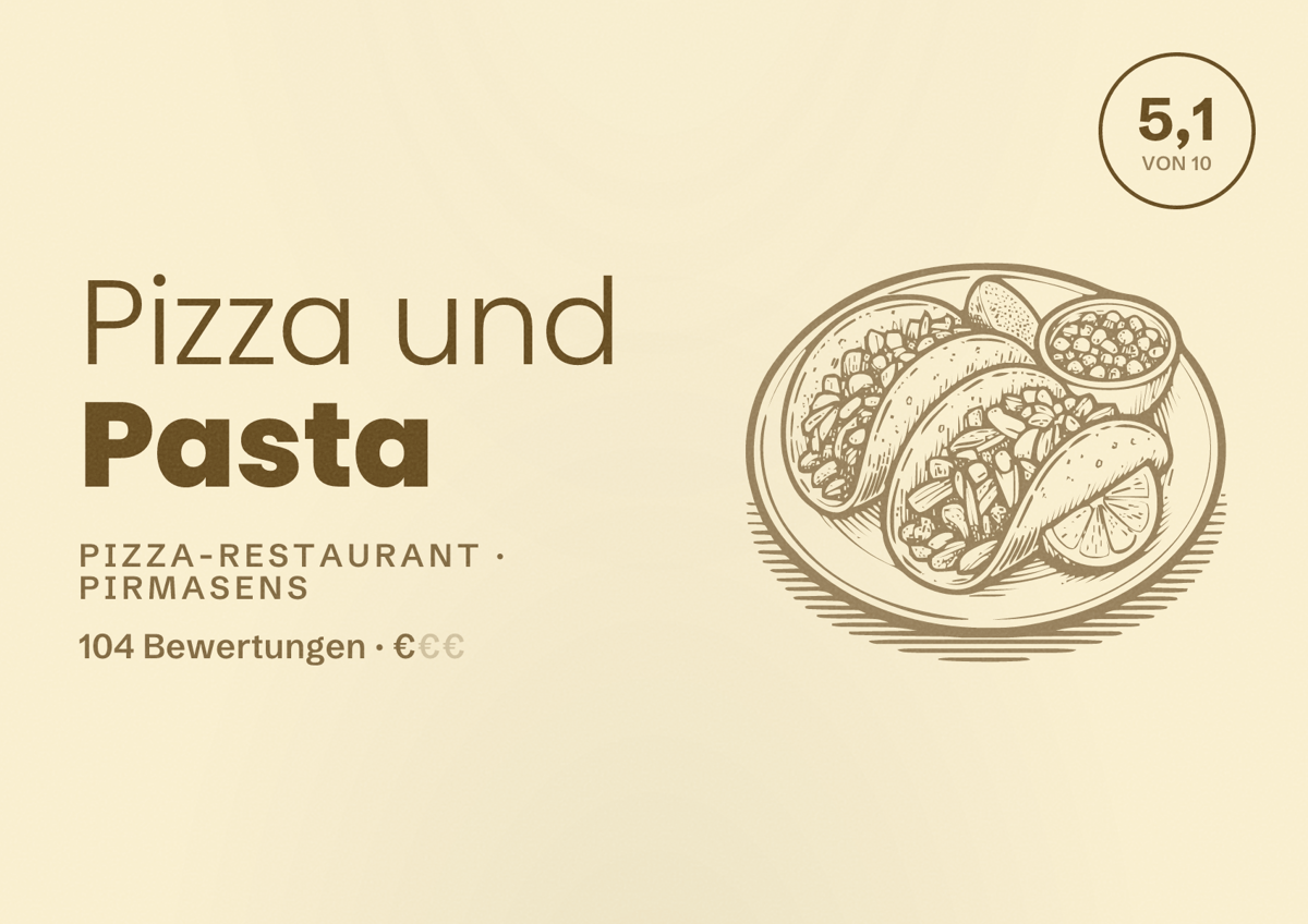 Illustriertes Poster von Pizza und Pasta, Pizza-Restaurant in Pirmasens: Bewertung 5,1 von 10 aus 104 Bewertungen, Preisniveau €