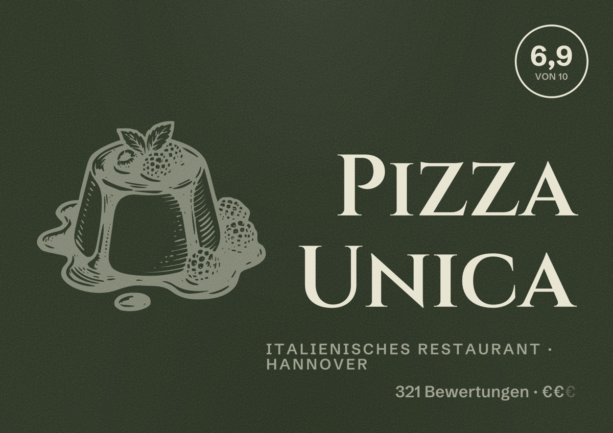 Illustriertes Poster von Pizza Unica, Italienisches Restaurant in Hannover: Bewertung 6,9 von 10 aus 321 Bewertungen, Preisniveau €€