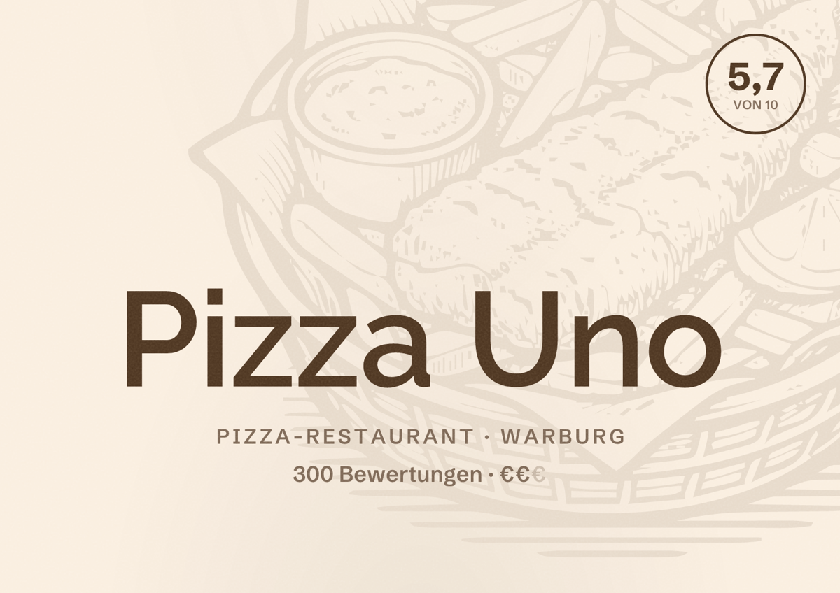 Illustriertes Poster von Pizza Uno, Pizza-Restaurant in Warburg: Bewertung 5,7 von 10 aus 300 Bewertungen, Preisniveau €€