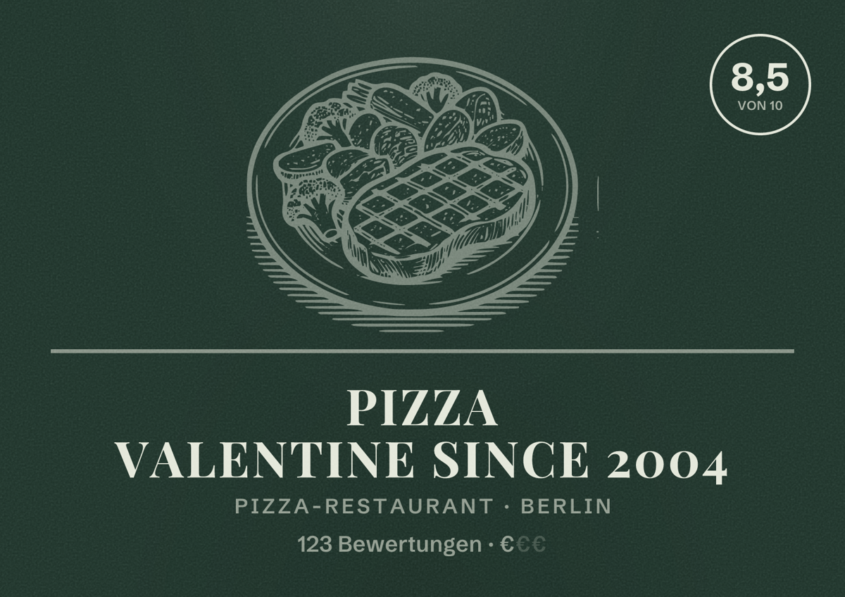 Illustriertes Poster von Pizza Valentine since 2004, Pizza-Restaurant in Berlin: Bewertung 8,5 von 10 aus 123 Bewertungen, Preisniveau €