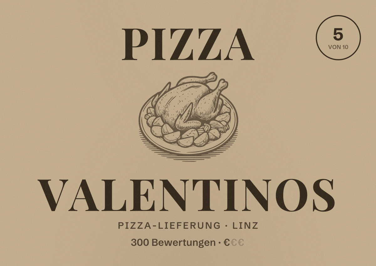 Illustriertes Poster von Pizza Valentinos, Pizza-Lieferung in Linz: Bewertung 5 von 10 aus 300 Bewertungen, Preisniveau €