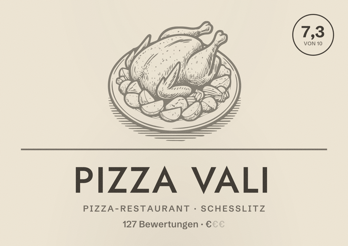 Illustriertes Poster von Pizza Vali, Pizza-Restaurant in Scheßlitz: Bewertung 7,3 von 10 aus 127 Bewertungen, Preisniveau €