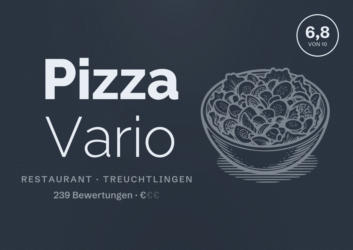 Illustriertes Poster von Pizza Vario, Restaurant in Treuchtlingen: Bewertung 6,8 von 10 aus 239 Bewertungen, Preisniveau €
