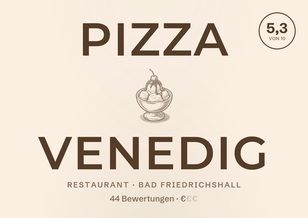 Illustriertes Poster von Pizza Venedig, Restaurant in Bad Friedrichshall: Bewertung 5,3 von 10 aus 44 Bewertungen, Preisniveau €