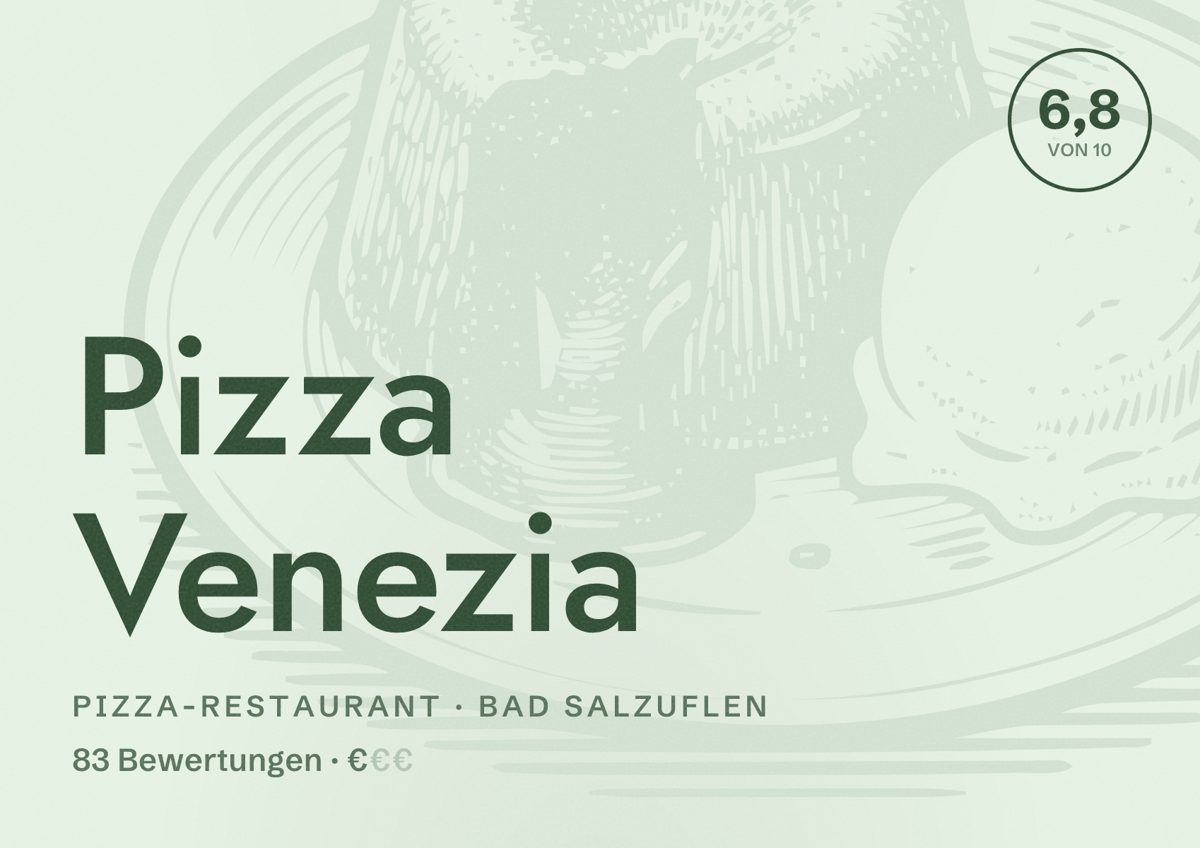 Illustriertes Poster von Pizza Venezia, Pizza-Restaurant in Bad Salzuflen: Bewertung 6,8 von 10 aus 83 Bewertungen, Preisniveau €