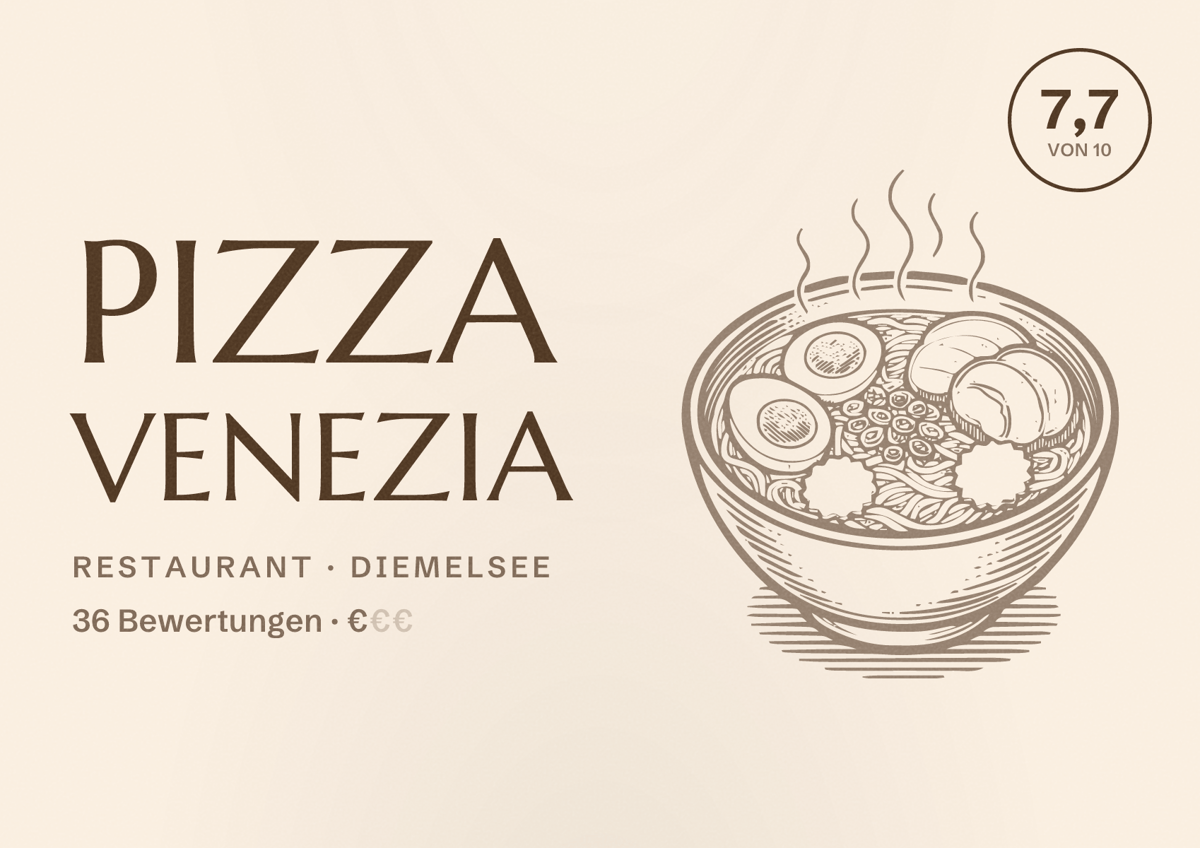 Illustriertes Poster von Pizza Venezia, Restaurant in Diemelsee: Bewertung 7,7 von 10 aus 36 Bewertungen, Preisniveau €