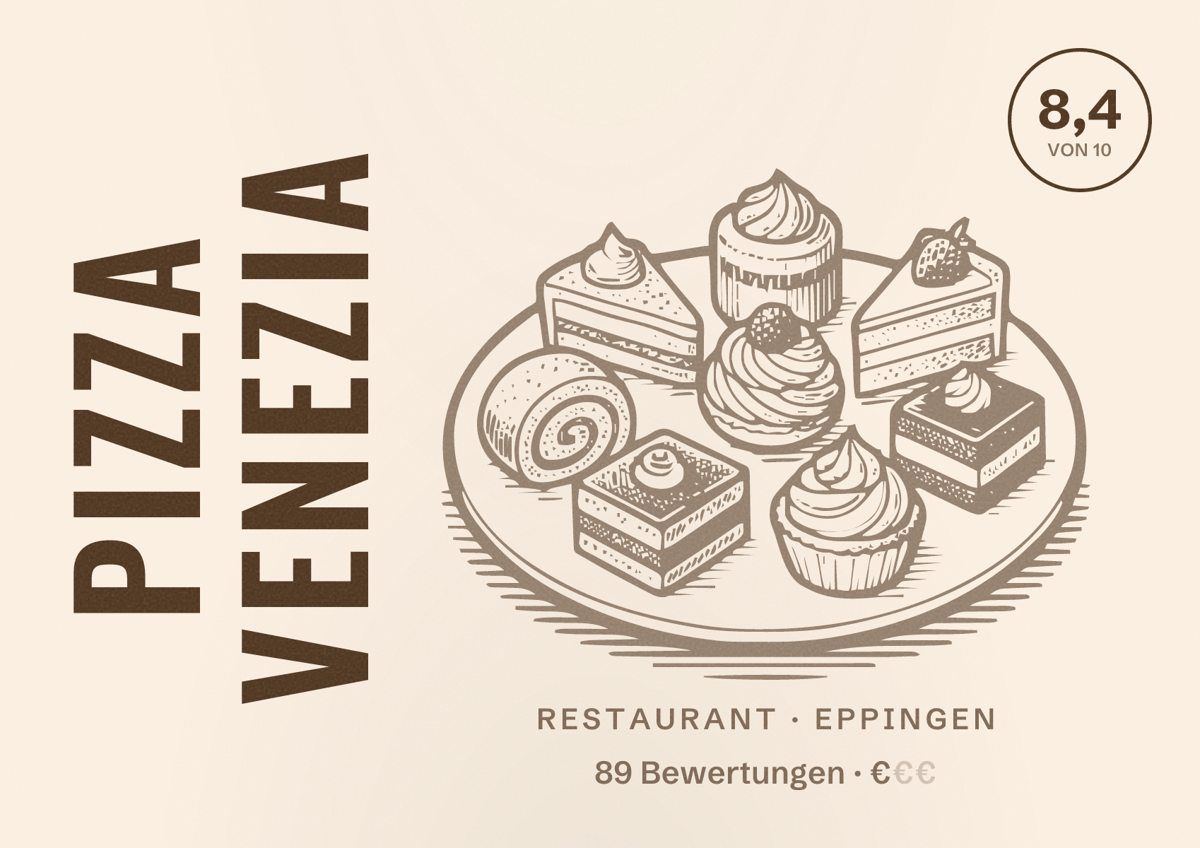 Illustriertes Poster von Pizza Venezia, Restaurant in Eppingen: Bewertung 8,4 von 10 aus 89 Bewertungen, Preisniveau €