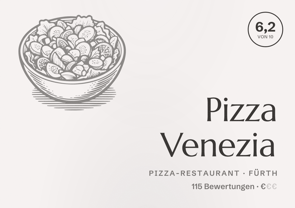 Illustriertes Poster von Pizza Venezia, Pizza-Restaurant in Fürth: Bewertung 6,2 von 10 aus 115 Bewertungen, Preisniveau €