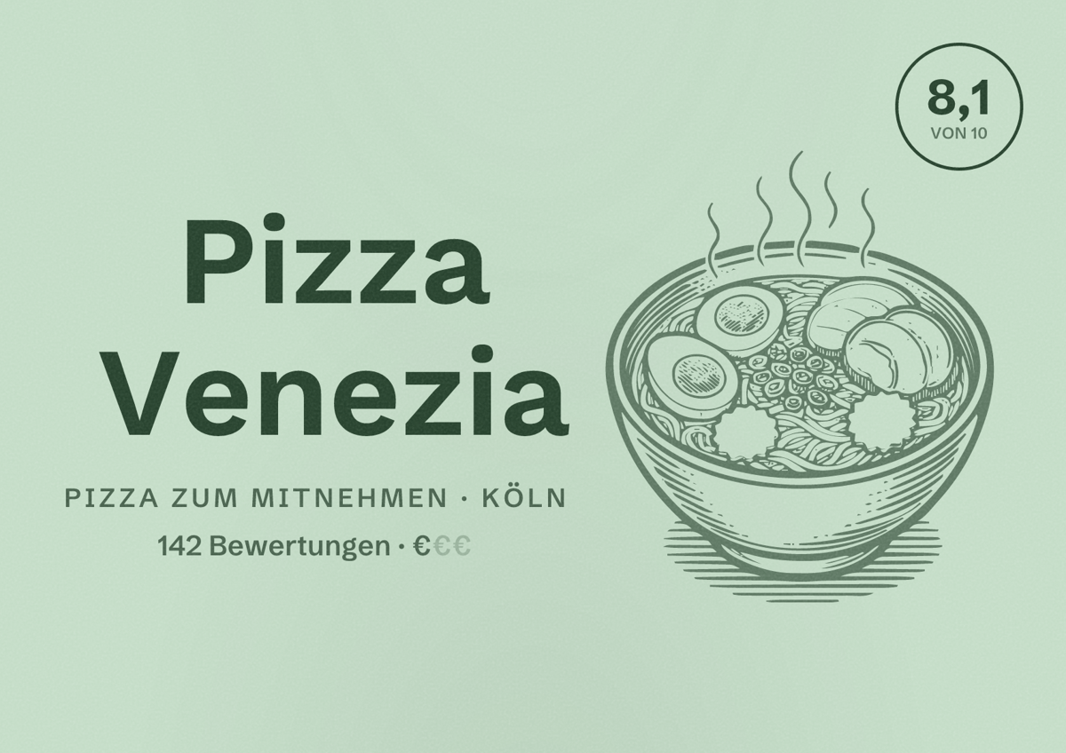 Illustriertes Poster von Pizza Venezia, Pizza zum Mitnehmen in Köln: Bewertung 8,1 von 10 aus 142 Bewertungen, Preisniveau €