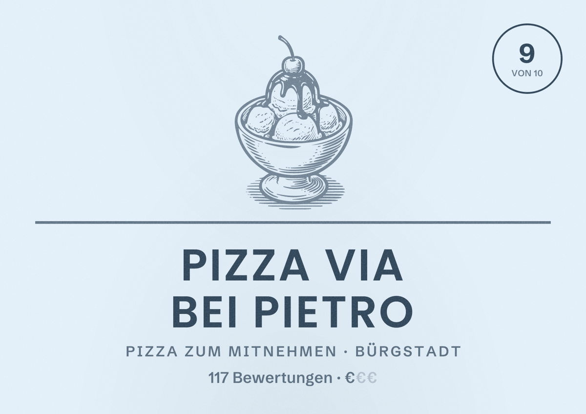 Illustriertes Poster von Pizza via bei Pietro, Pizza zum Mitnehmen in Bürgstadt: Bewertung 9 von 10 aus 117 Bewertungen, Preisniveau €