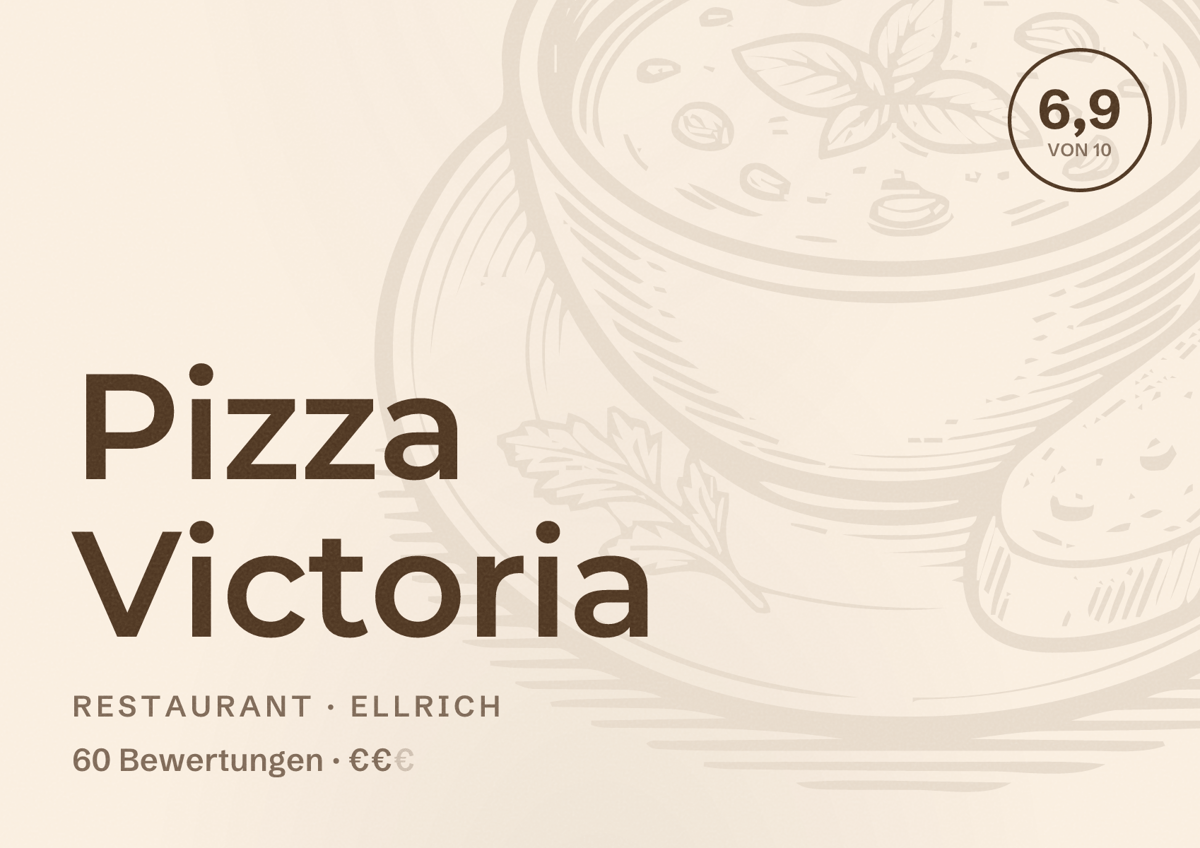 Illustriertes Poster von Pizza Victoria, Restaurant in Ellrich: Bewertung 6,9 von 10 aus 60 Bewertungen, Preisniveau €€