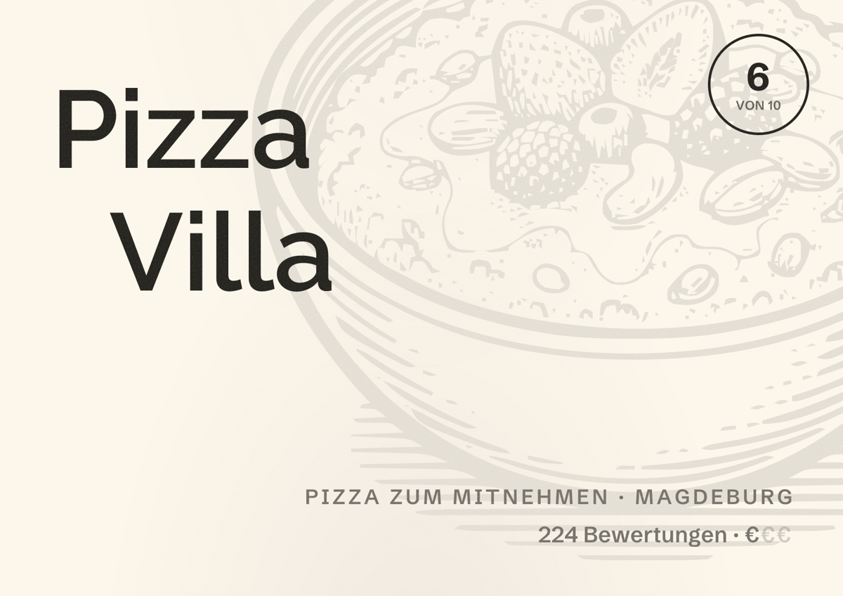 Illustriertes Poster von Pizza Villa, Pizza zum Mitnehmen in Magdeburg: Bewertung 6 von 10 aus 224 Bewertungen, Preisniveau €