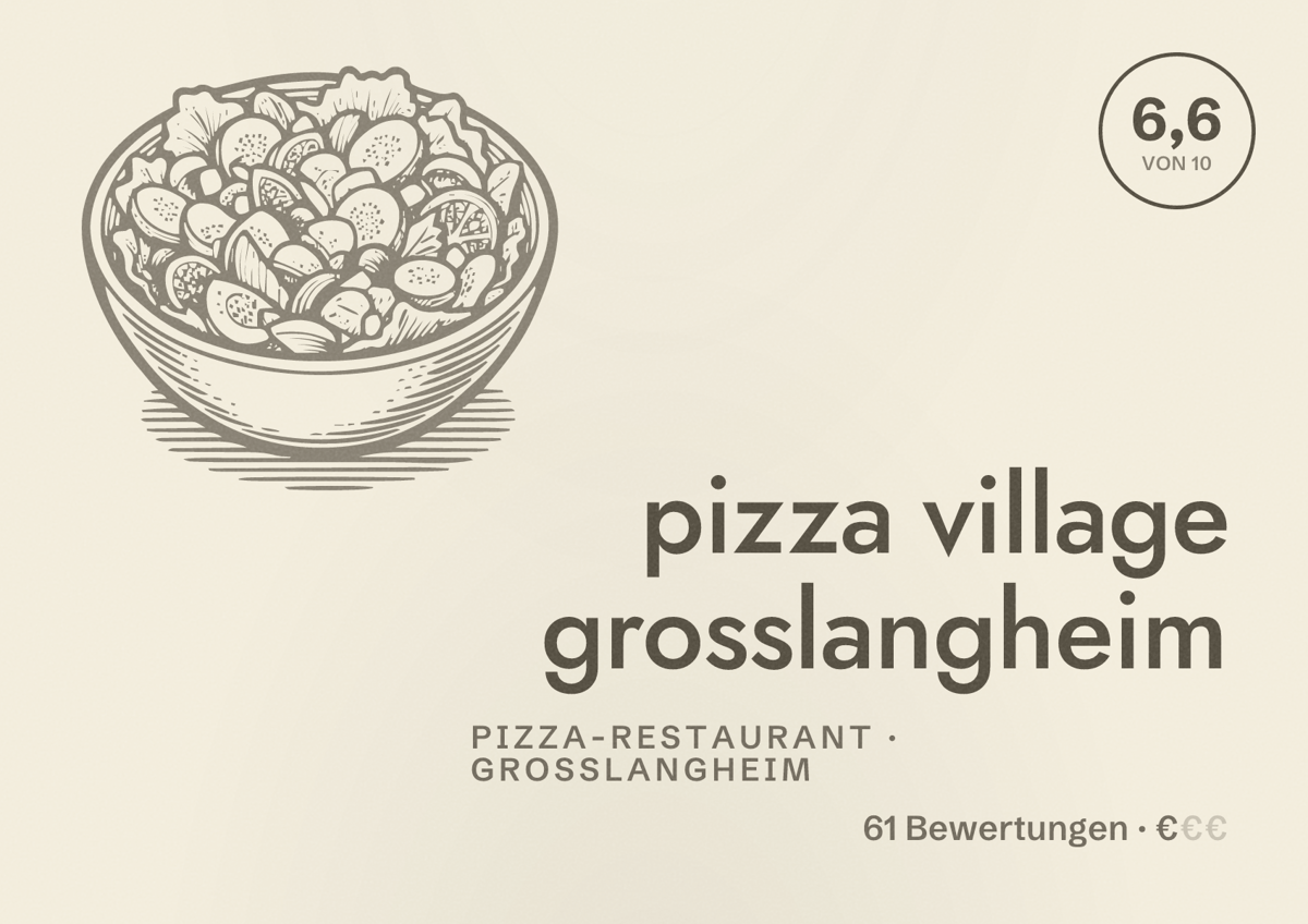 Illustriertes Poster von pizza village grosslangheim, Pizza-Restaurant in Großlangheim: Bewertung 6,6 von 10 aus 61 Bewertungen, Preisniveau €