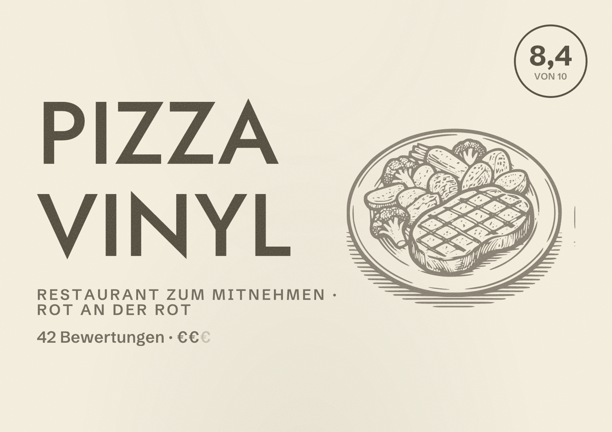 Illustriertes Poster von Pizza Vinyl, Restaurant zum Mitnehmen in Rot an der Rot: Bewertung 8,4 von 10 aus 42 Bewertungen, Preisniveau €€