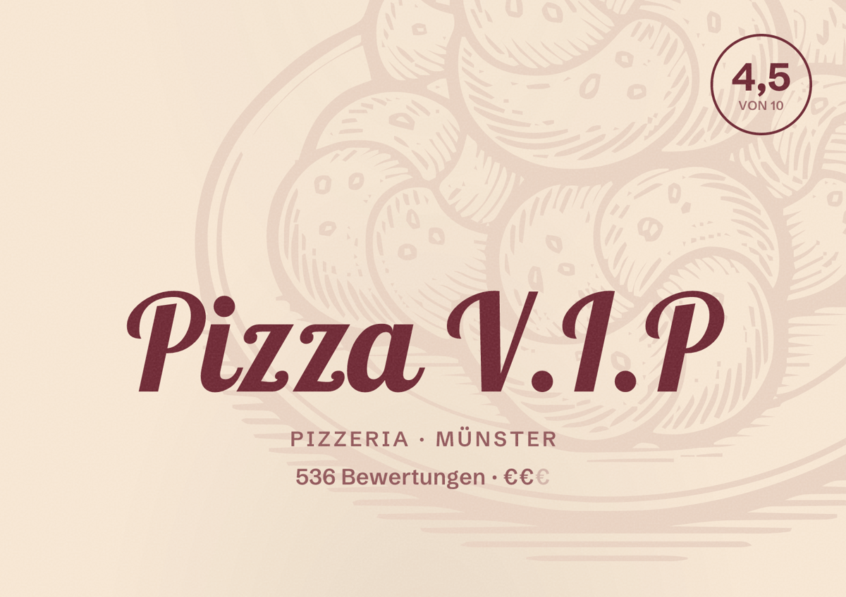 Illustriertes Poster von Pizza V.I.P, Pizzeria in Münster: Bewertung 4,5 von 10 aus 536 Bewertungen, Preisniveau €€