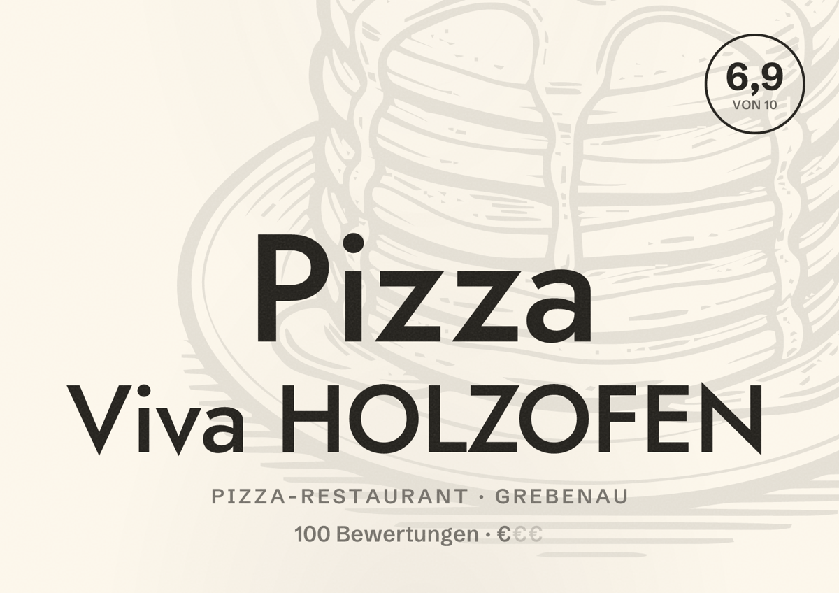 Illustriertes Poster von Pizza Viva HOLZOFEN, Pizza-Restaurant in Grebenau: Bewertung 6,9 von 10 aus 100 Bewertungen, Preisniveau €