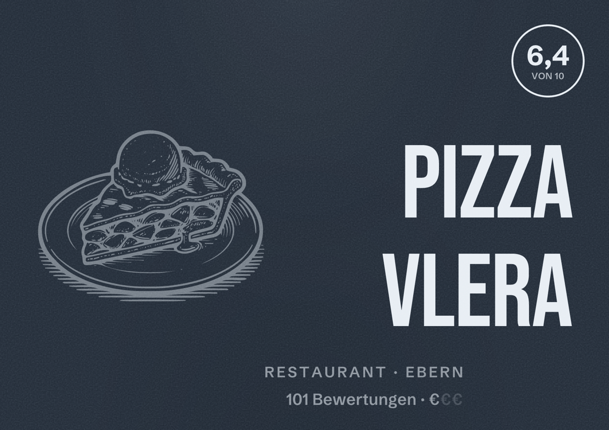 Illustriertes Poster von Pizza Vlera, Restaurant in Ebern: Bewertung 6,4 von 10 aus 101 Bewertungen, Preisniveau €