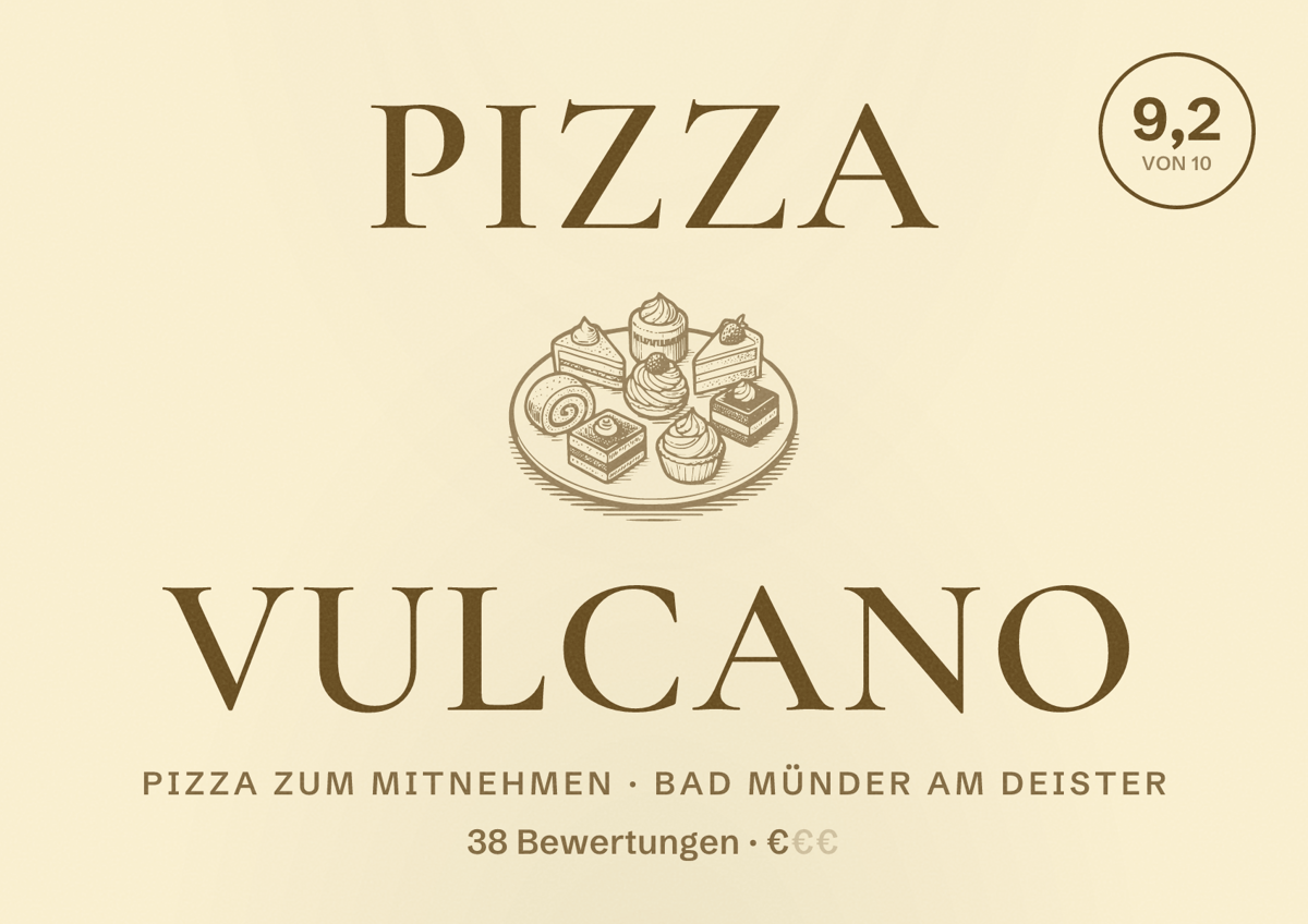 Illustriertes Poster von Pizza Vulcano, Pizza zum Mitnehmen in Bad Münder am Deister: Bewertung 9,2 von 10 aus 38 Bewertungen, Preisniveau €