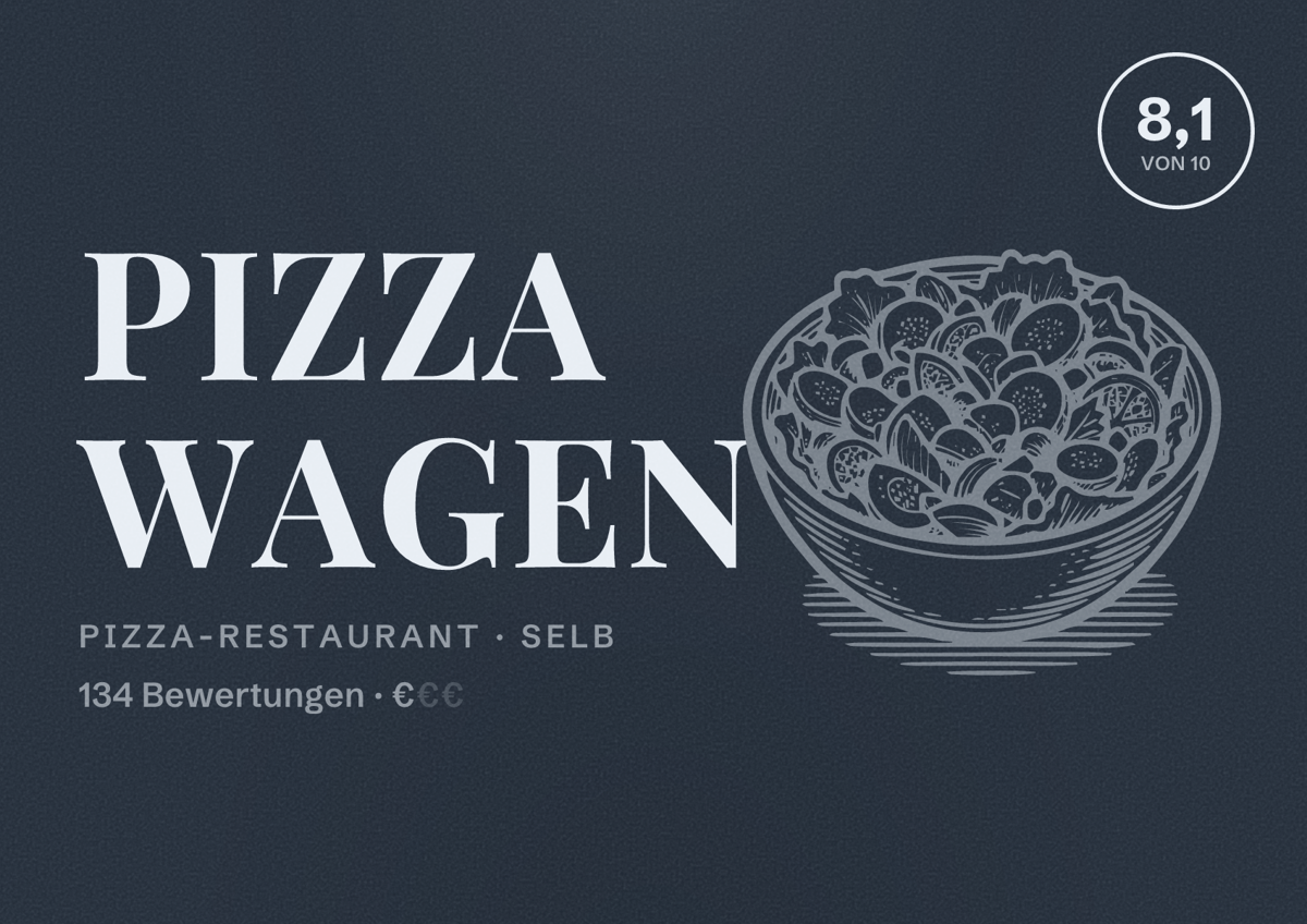 Illustriertes Poster von Pizza Wagen, Pizza-Restaurant in Selb: Bewertung 8,1 von 10 aus 134 Bewertungen, Preisniveau €