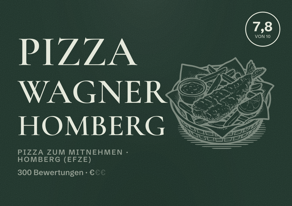 Illustriertes Poster von Pizza Wagner Homberg, Pizza zum Mitnehmen in Homberg (Efze): Bewertung 7,8 von 10 aus 300 Bewertungen, Preisniveau €