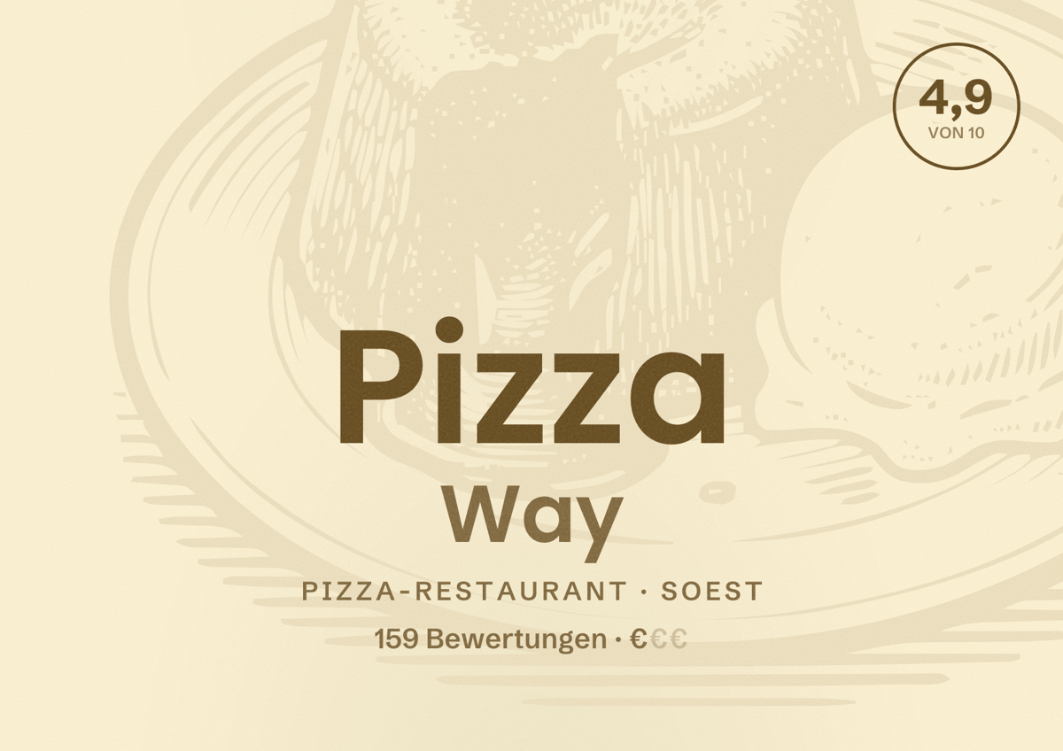 Illustriertes Poster von Pizza Way, Pizza-Restaurant in Soest: Bewertung 4,9 von 10 aus 159 Bewertungen, Preisniveau €