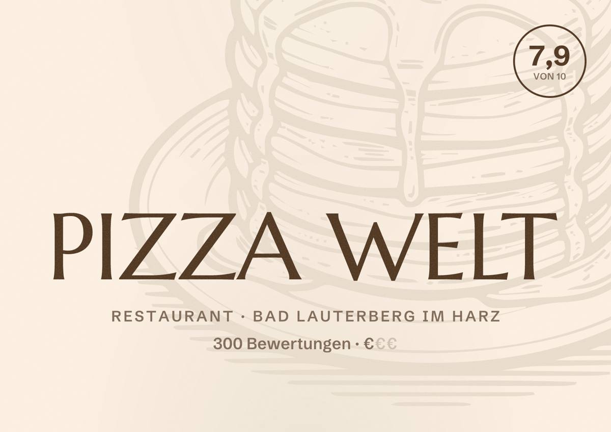 Illustriertes Poster von PIZZA WELT, Restaurant in Bad Lauterberg im Harz: Bewertung 7,9 von 10 aus 300 Bewertungen, Preisniveau €