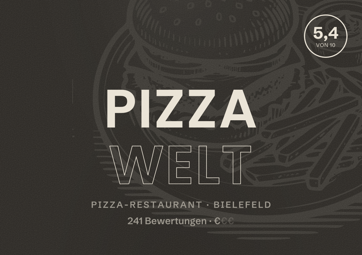Illustriertes Poster von Pizza Welt, Pizza-Restaurant in Bielefeld: Bewertung 5,4 von 10 aus 241 Bewertungen, Preisniveau €