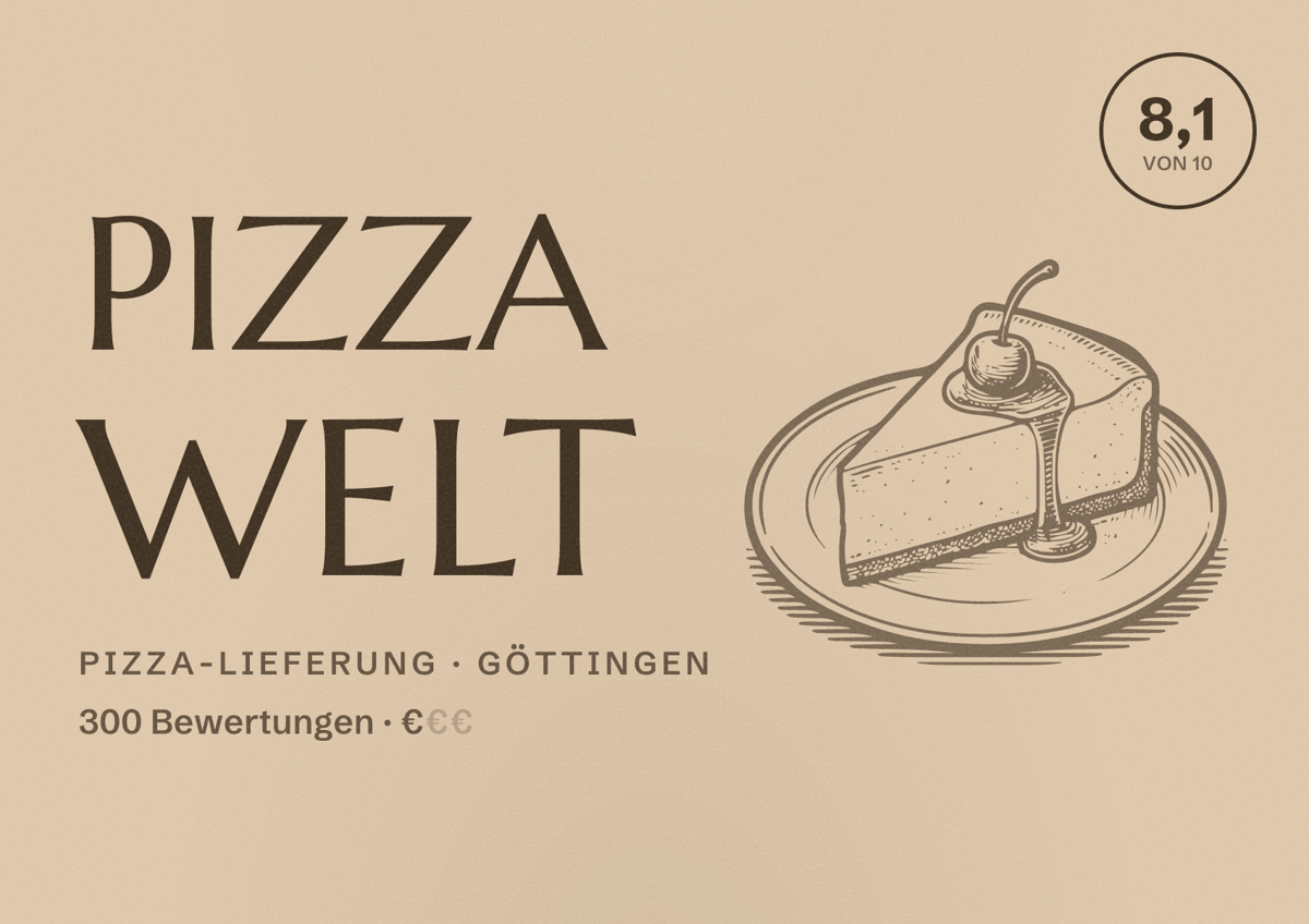 Illustriertes Poster von Pizza Welt, Pizza-Lieferung in Göttingen: Bewertung 8,1 von 10 aus 300 Bewertungen, Preisniveau €