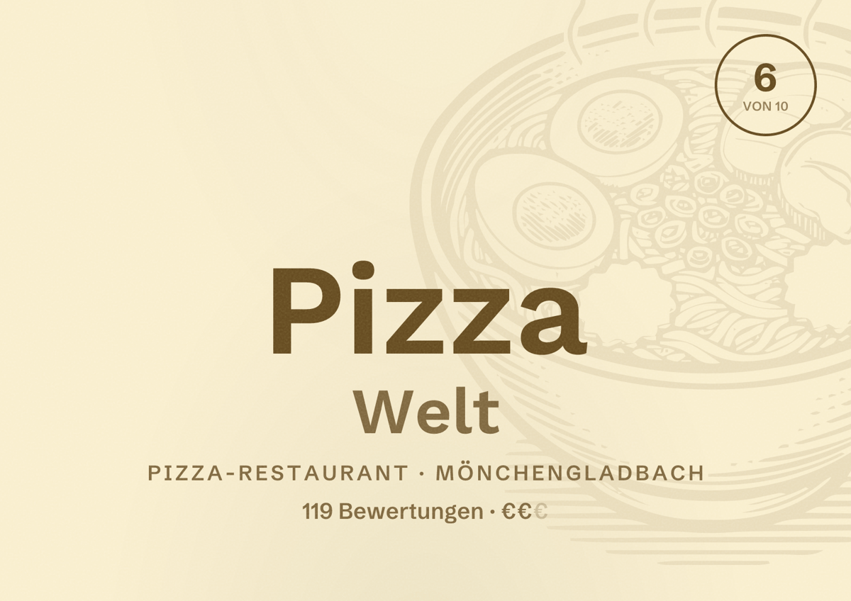 Illustriertes Poster von Pizza Welt, Pizza-Restaurant in Mönchengladbach: Bewertung 6 von 10 aus 119 Bewertungen, Preisniveau €€
