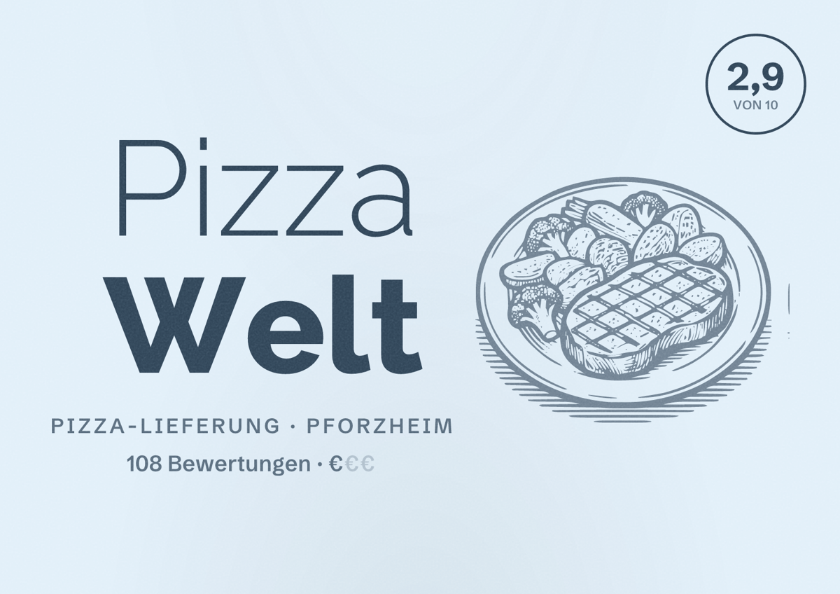 Illustriertes Poster von Pizza Welt, Pizza-Lieferung in Pforzheim: Bewertung 2,9 von 10 aus 108 Bewertungen, Preisniveau €