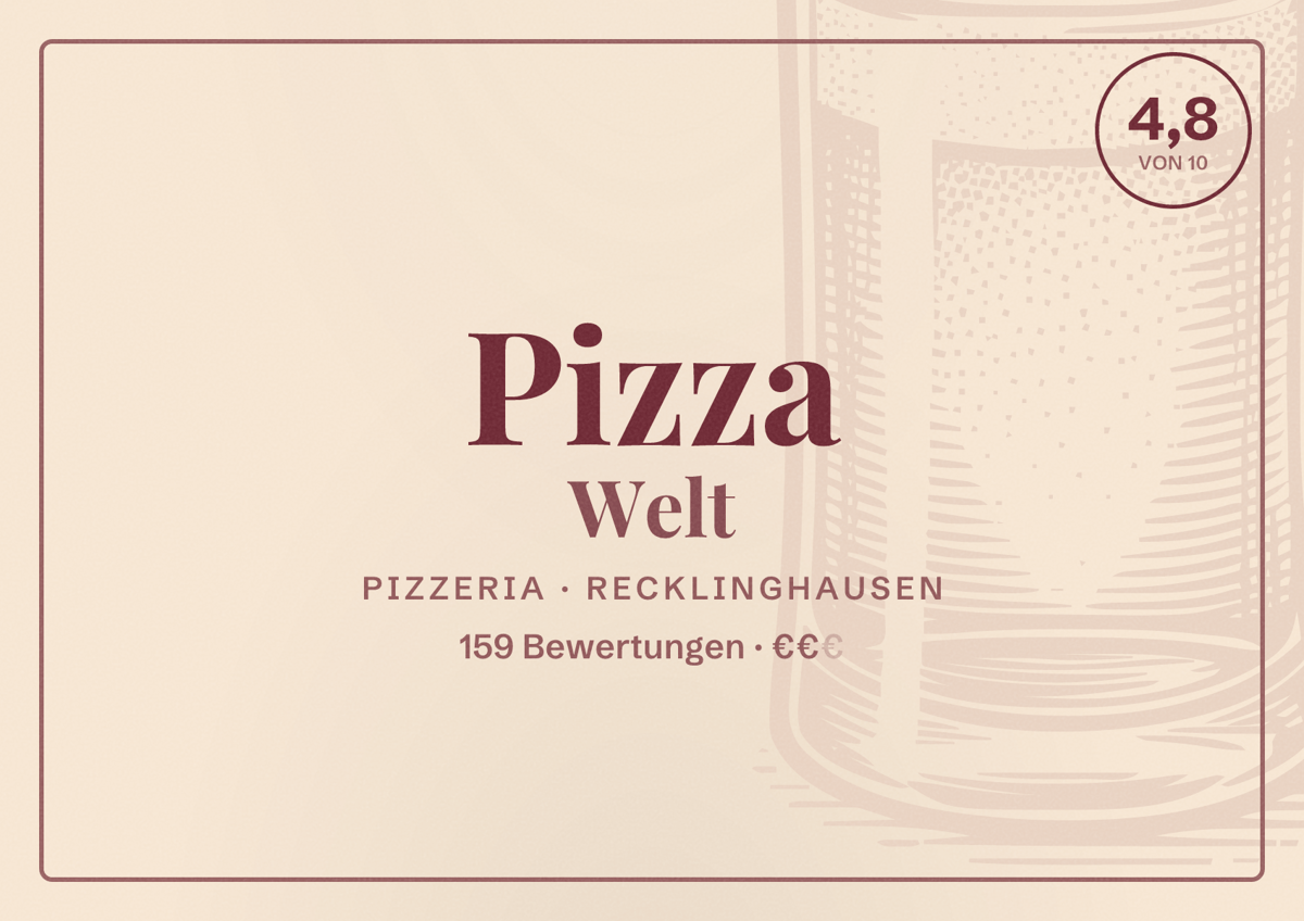 Illustriertes Poster von Pizza Welt, Pizzeria in Recklinghausen: Bewertung 4,8 von 10 aus 159 Bewertungen, Preisniveau €€