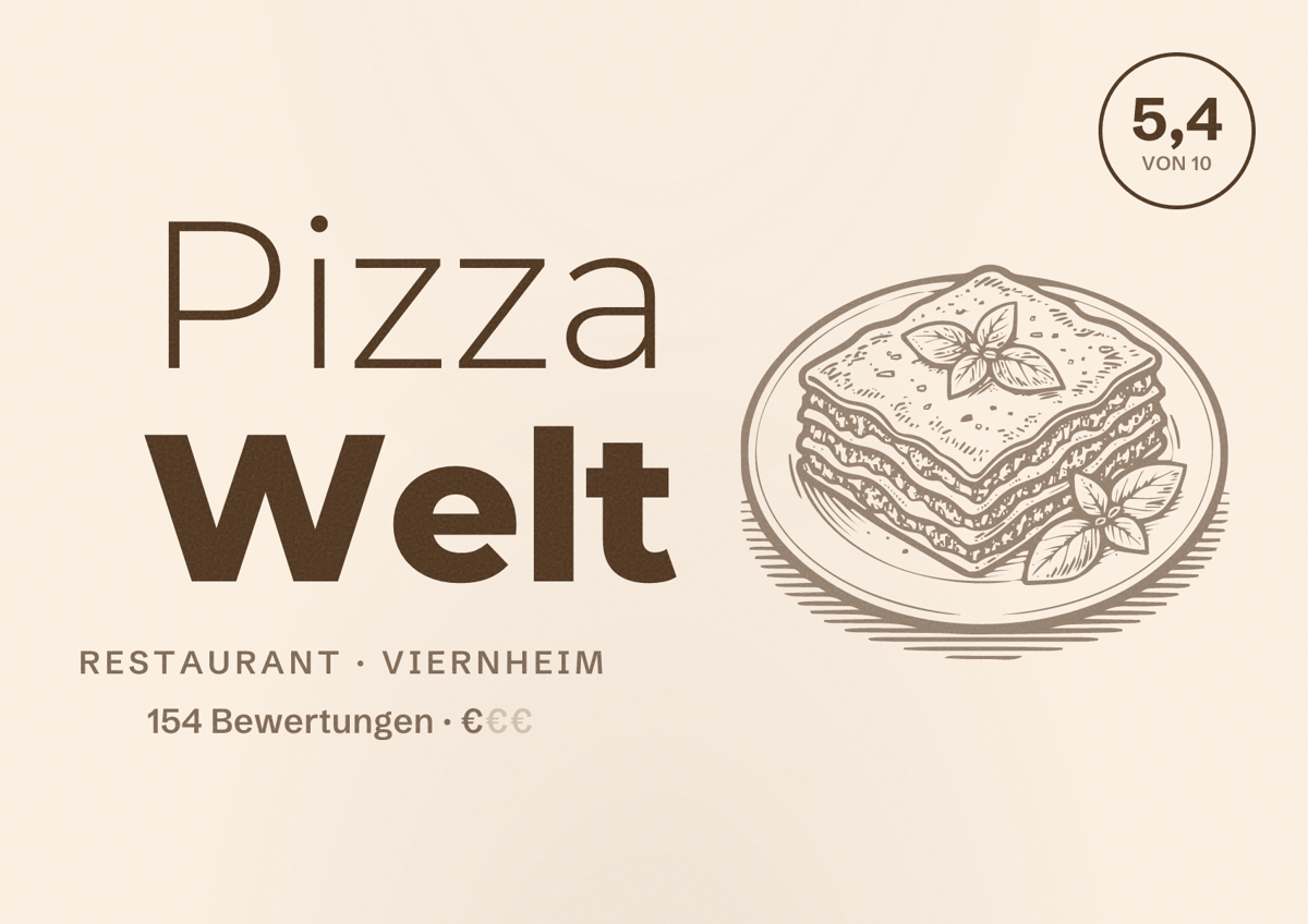 Illustriertes Poster von Pizza Welt, Restaurant in Viernheim: Bewertung 5,4 von 10 aus 154 Bewertungen, Preisniveau €