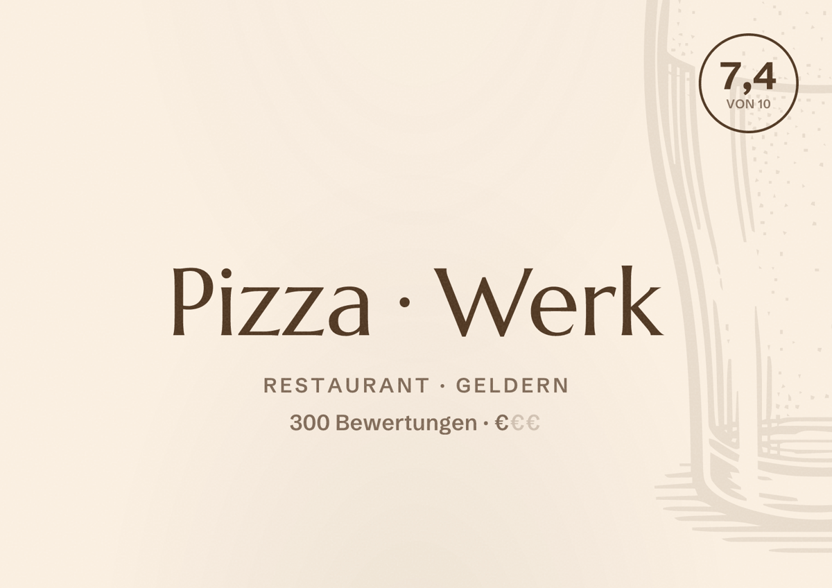 Illustriertes Poster von Pizza Werk, Restaurant in Geldern: Bewertung 7,4 von 10 aus 300 Bewertungen, Preisniveau €