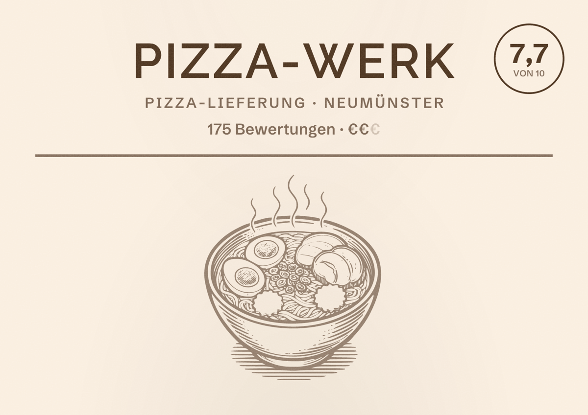 Illustriertes Poster von Pizza-Werk, Pizza-Lieferung in Neumünster: Bewertung 7,7 von 10 aus 175 Bewertungen, Preisniveau €€