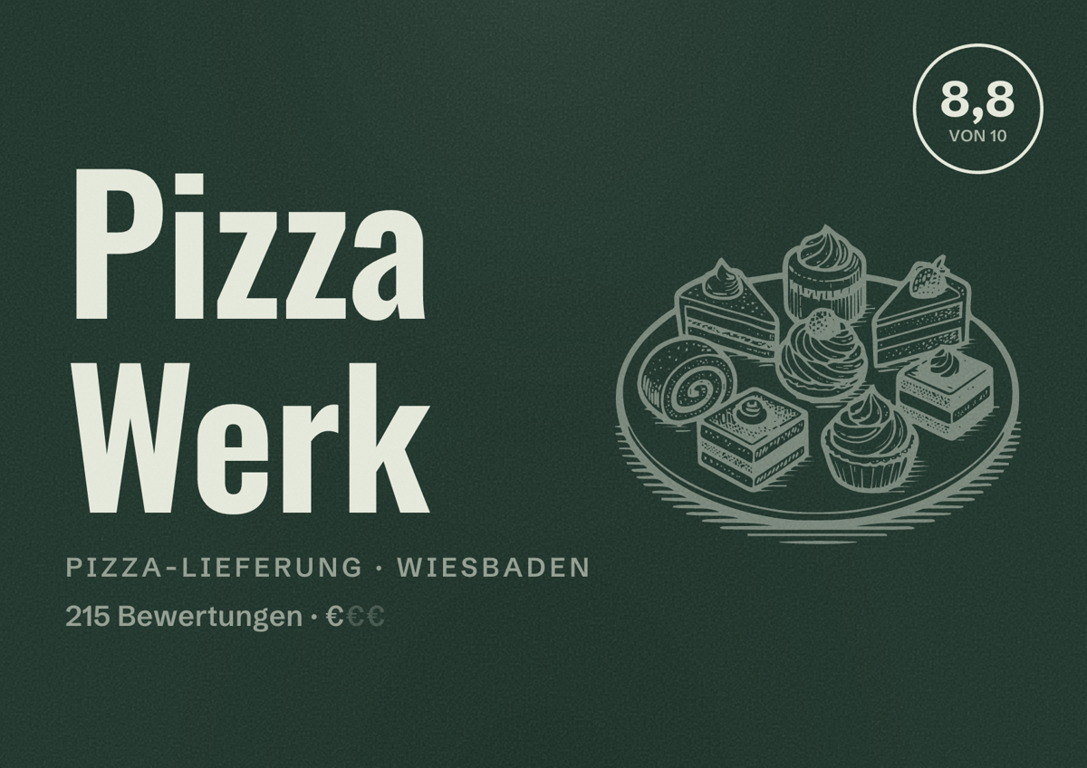 Illustriertes Poster von Pizza Werk, Pizza-Lieferung in Wiesbaden: Bewertung 8,8 von 10 aus 215 Bewertungen, Preisniveau €