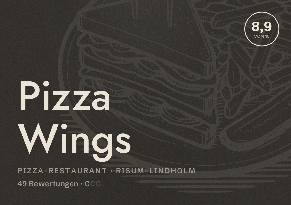 Illustriertes Poster von Pizza Wings, Pizza-Restaurant in Risum-Lindholm: Bewertung 8,9 von 10 aus 49 Bewertungen, Preisniveau €