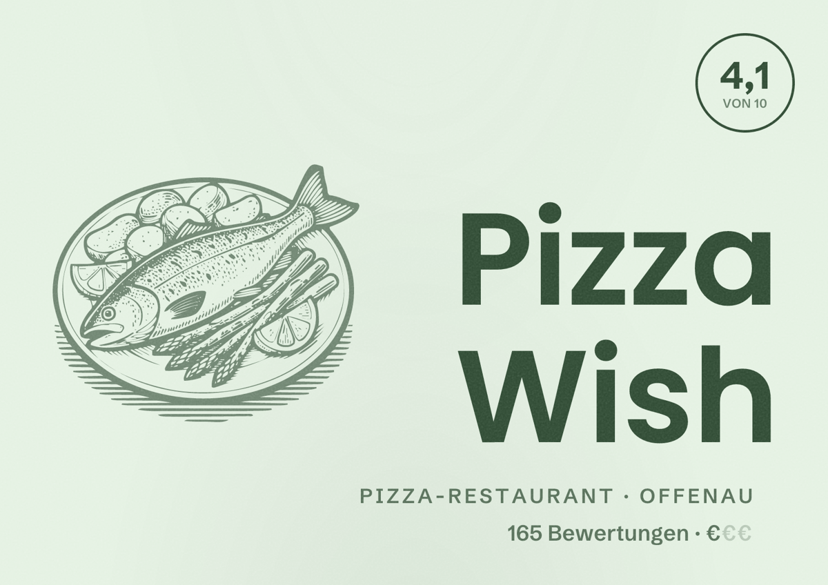 Illustriertes Poster von Pizza Wish, Pizza-Restaurant in Offenau: Bewertung 4,1 von 10 aus 165 Bewertungen, Preisniveau €
