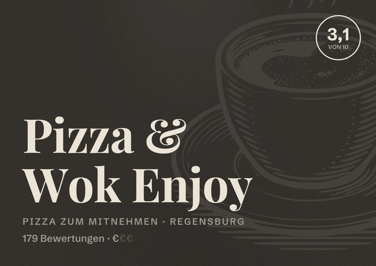 Illustriertes Poster von Pizza & Wok Enjoy, Pizza zum Mitnehmen in Regensburg: Bewertung 3,1 von 10 aus 179 Bewertungen, Preisniveau €