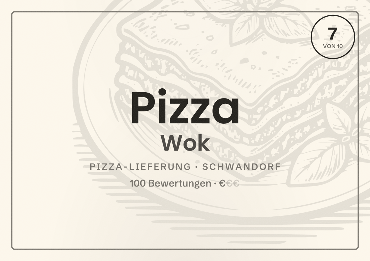 Illustriertes Poster von Pizza Wok, Pizza-Lieferung in Schwandorf: Bewertung 7 von 10 aus 100 Bewertungen, Preisniveau €