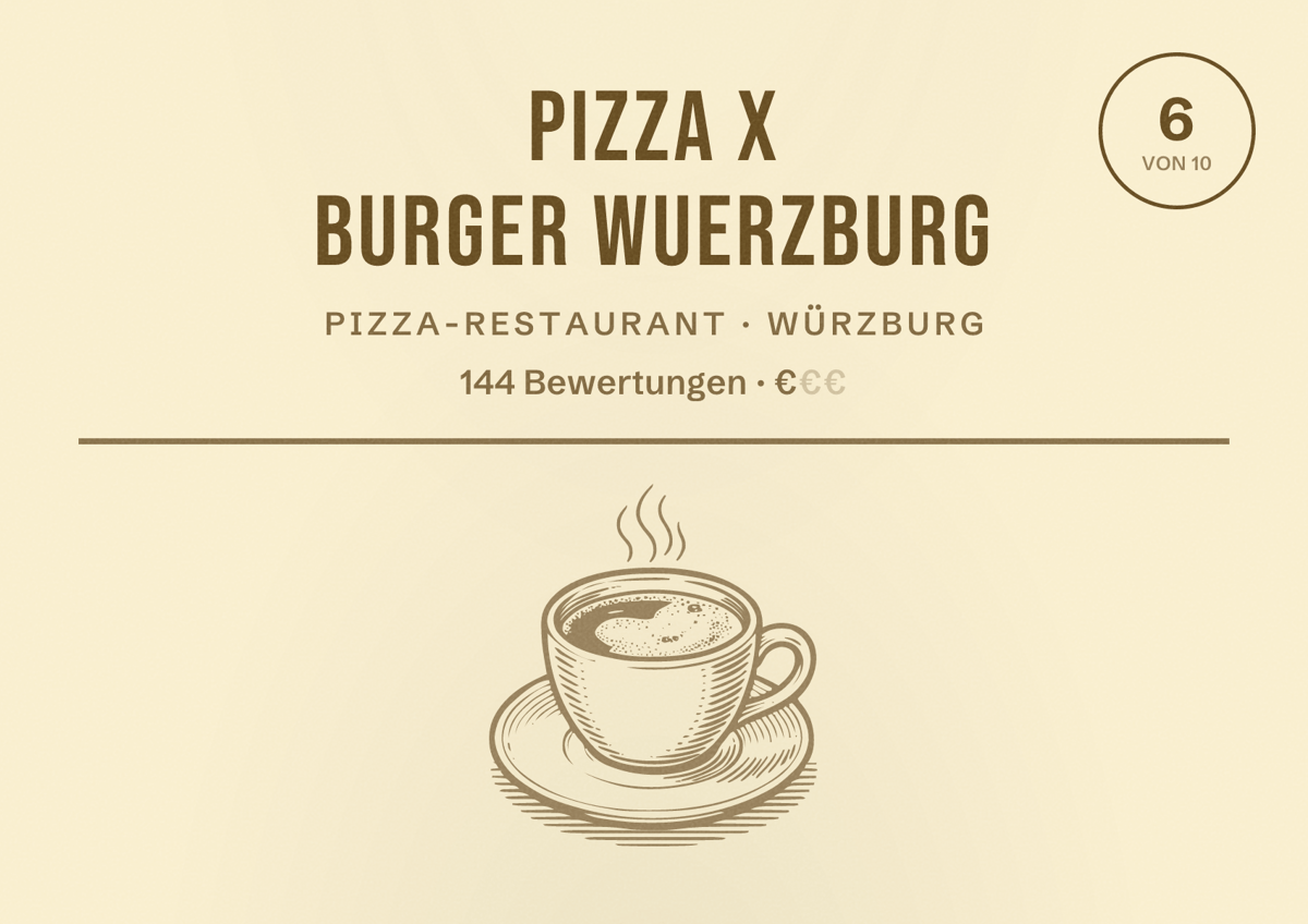 Illustriertes Poster von Pizza X Burger Wuerzburg, Pizza-Restaurant in Würzburg: Bewertung 6 von 10 aus 144 Bewertungen, Preisniveau €