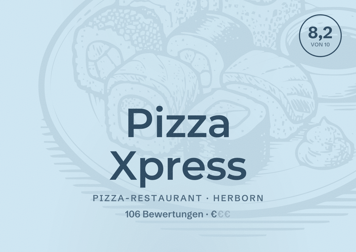 Illustriertes Poster von Pizza Xpress, Pizza-Restaurant in Herborn: Bewertung 8,2 von 10 aus 106 Bewertungen, Preisniveau €