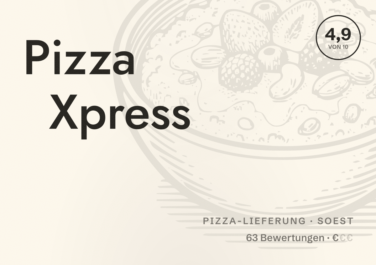 Illustriertes Poster von Pizza Xpress, Pizza-Lieferung in Soest: Bewertung 4,9 von 10 aus 63 Bewertungen, Preisniveau €