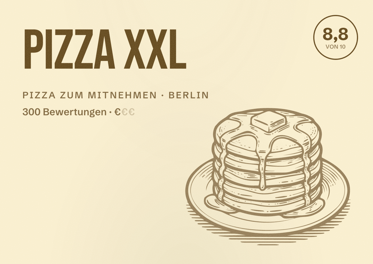 Illustriertes Poster von Pizza XXL, Pizza zum Mitnehmen in Berlin: Bewertung 8,8 von 10 aus 300 Bewertungen, Preisniveau €