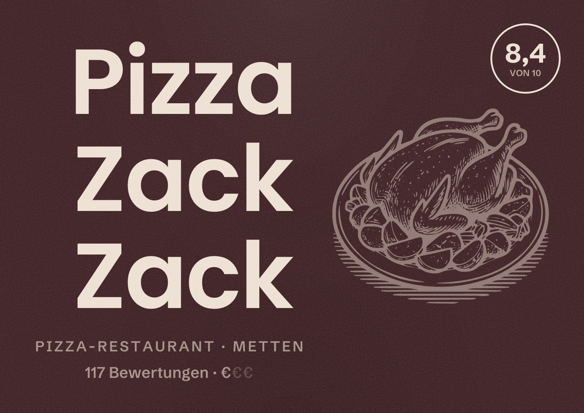 Illustriertes Poster von Pizza Zack Zack, Pizza-Restaurant in Metten: Bewertung 8,4 von 10 aus 117 Bewertungen, Preisniveau €